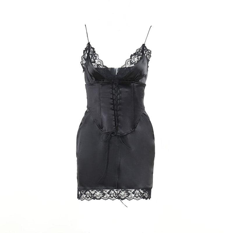 Lace hem solid v neck lace up corset sleeveless mini dress - Final Sale
