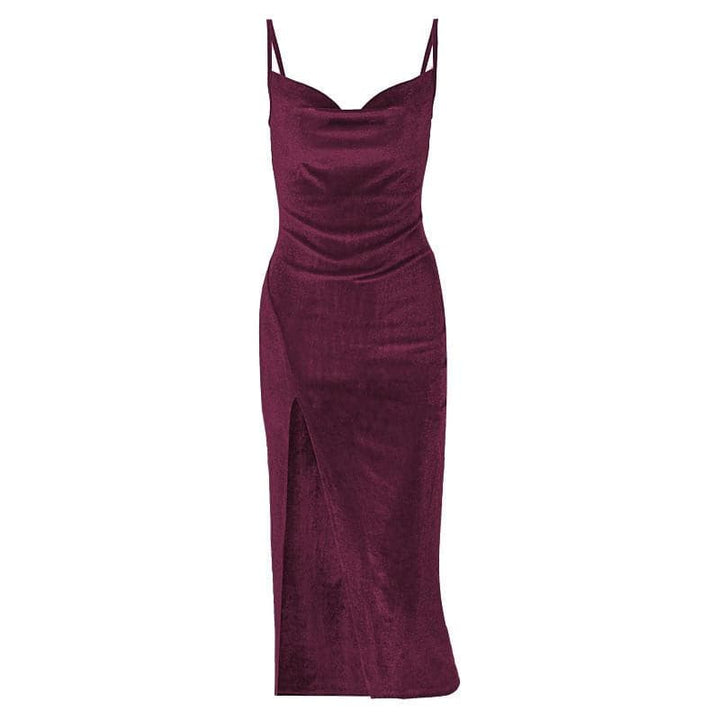 Sleeveless velvet slit cowl neck backless cami midi dress