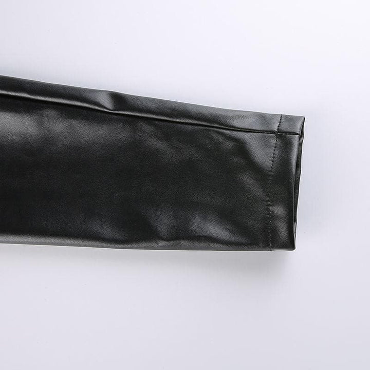 Long sleeve one shoulder solid PU leather metal button crop top-final-sale