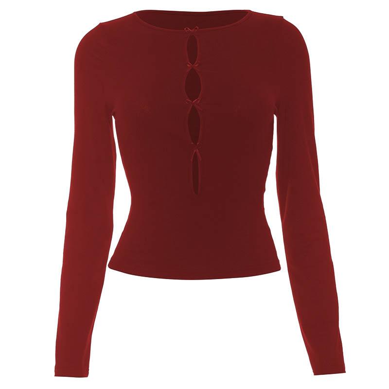 Round neck bowknot hollow out long sleeve solid cut out top