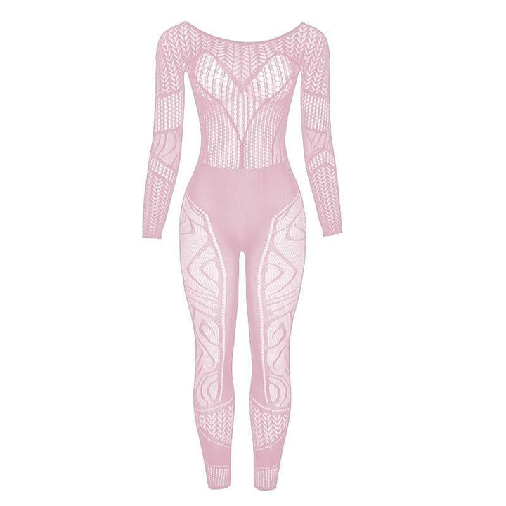 Long sleeve hollow out solid fishnet see through jumpsuit - Final Sale