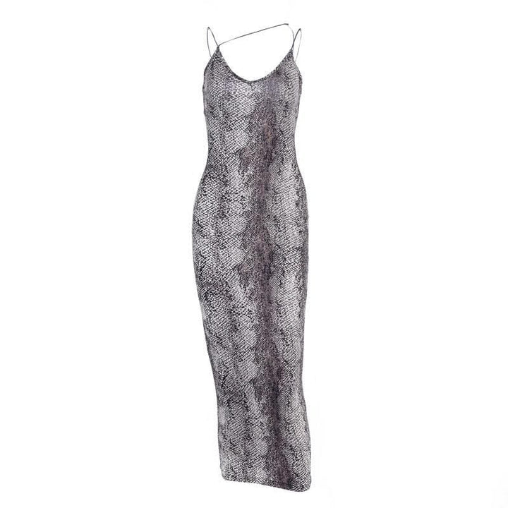 Leopard print contrast spaghetti strap u neck backless midi dress