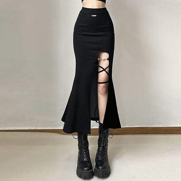 Lace up solid slit metal tag zip-up fishtail skirt-final-sale