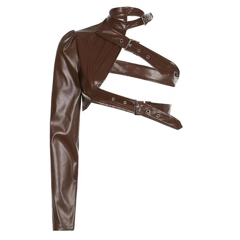 Long sleeve one shoulder solid PU leather metal button crop top-final-sale