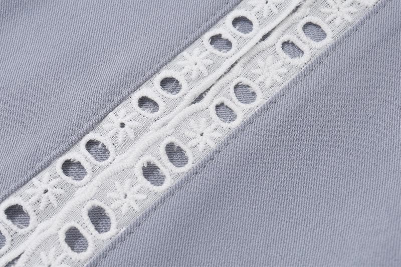 Bowknot slit lace hem denim zip-up hollow out irregular cut out midi skirt  | Festival Outfits Women