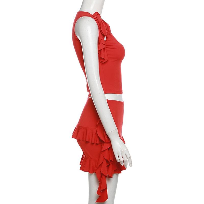 Crewneck ruffle solid self tie mini skirt set  | Festival Outfits Women