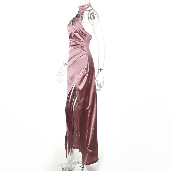 Ruched solid satin zip-up halter backless slit maxi dress  | Festival Outfits Women
