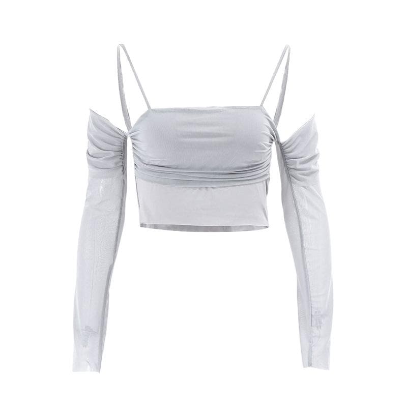 Ruched off shoulder mesh long sleeve crop cami top – Halibuy