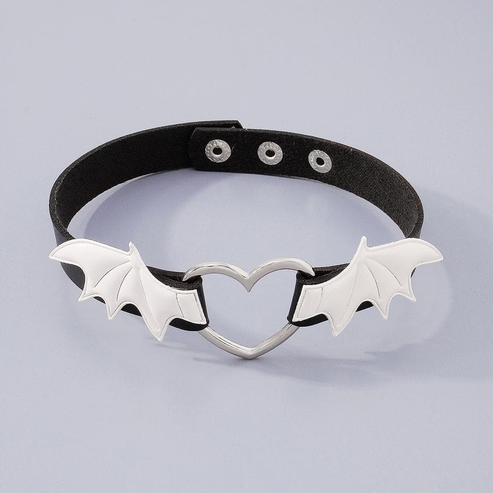 Wing heart ring button PU choker necklace