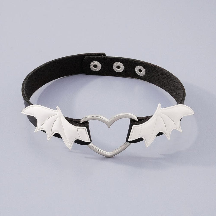 Wing heart ring button PU choker necklace