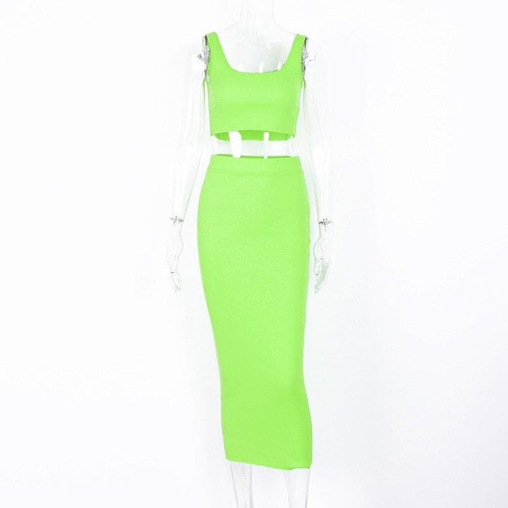 Sleeveless square neck solid ribbed midi skirt set