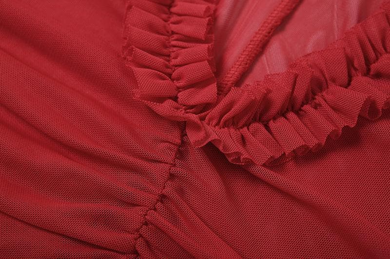 Ruched ruffle slit sheer mesh hollow out cami cut out mini dress-final-sale