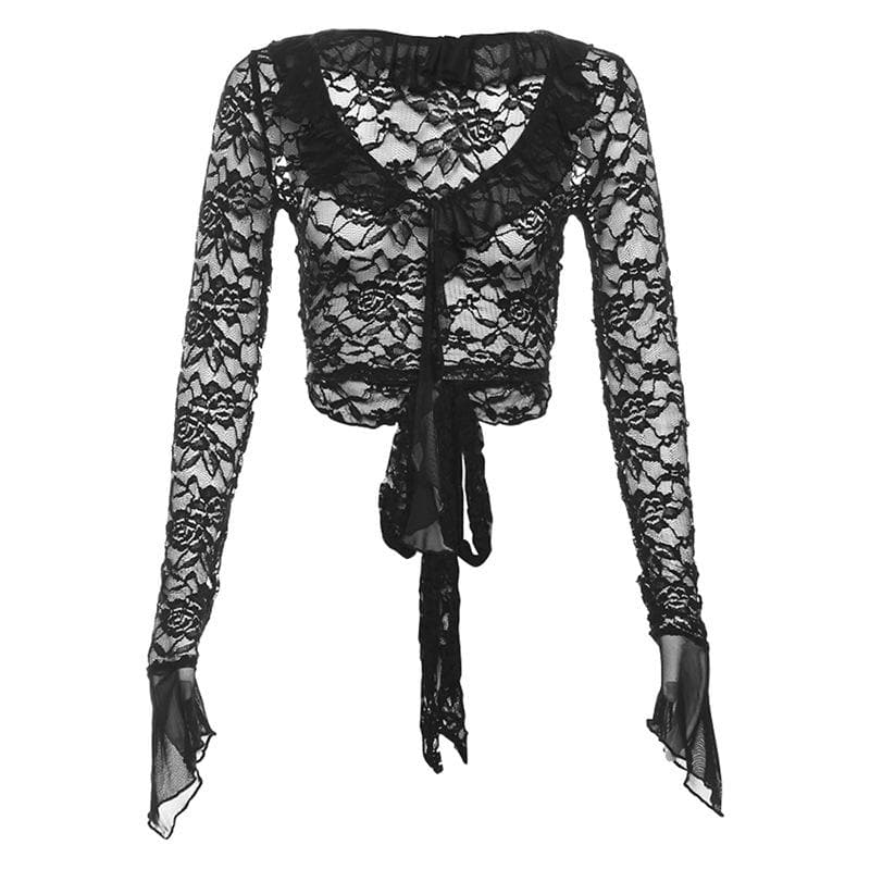 Lace long sleeve v neck ruffle self tie solid see through crop top ...