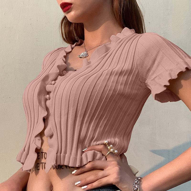 Short sleeve ribbed ruffled buttoned crop top - Halibuy