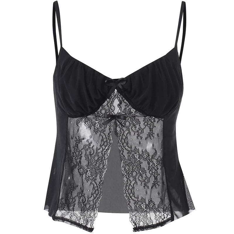 Lace patchwork ruched solid v neck slit cami crop top-final-sale