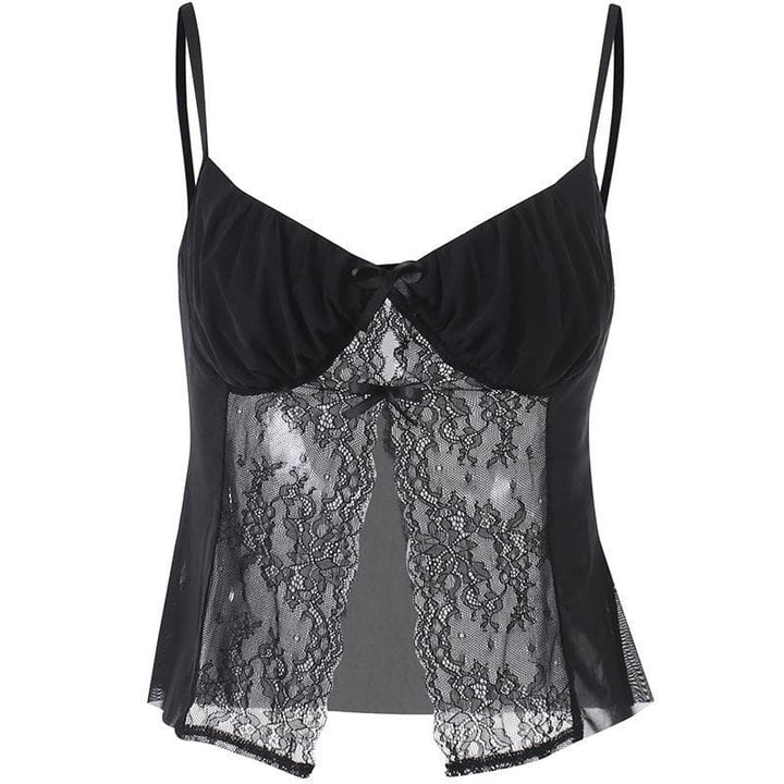 Lace patchwork ruched solid v neck slit cami crop top-final-sale