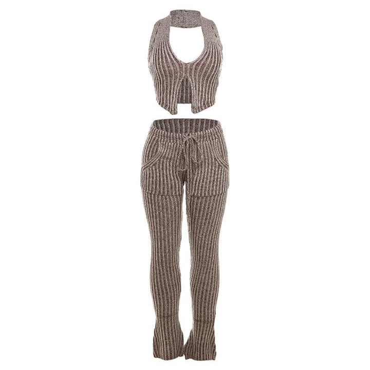 Textured striped contrast halter slit pocket v neck pant set