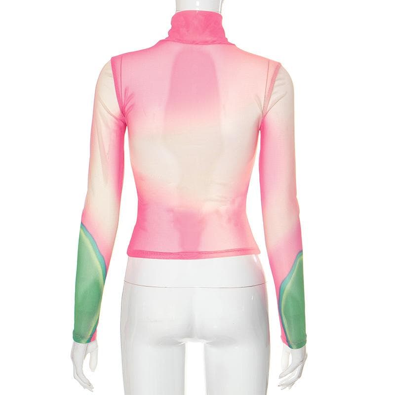 Long sleeve high neck print sheer mesh contrast top  | Festival Outfits Women