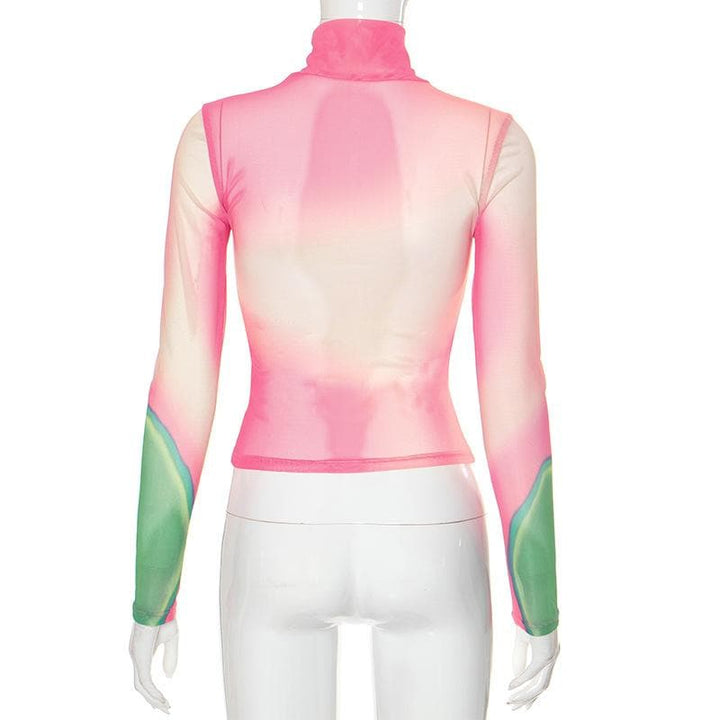 Long sleeve high neck print sheer mesh contrast top  | Festival Outfits Women