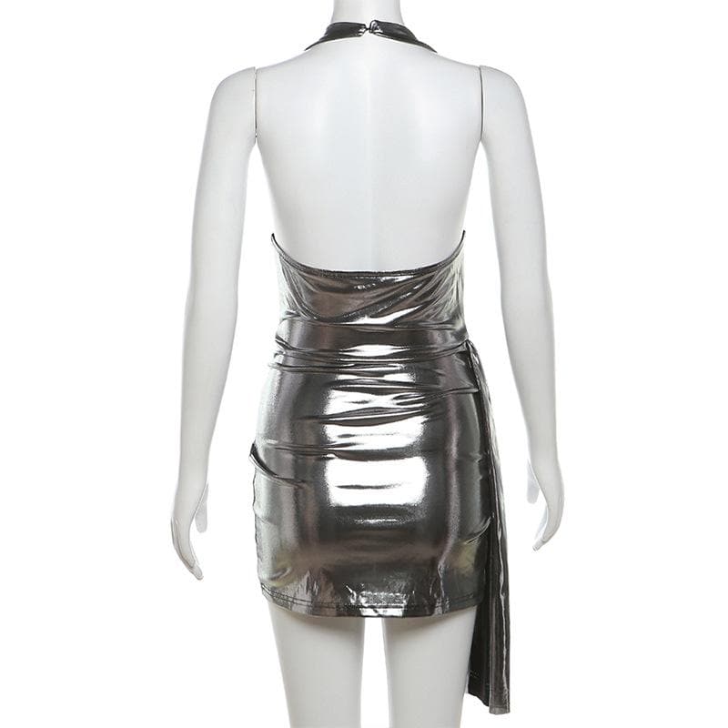 Halter ruched cowl neck metallic button mini dress  | Festival Outfits Women-final-sale