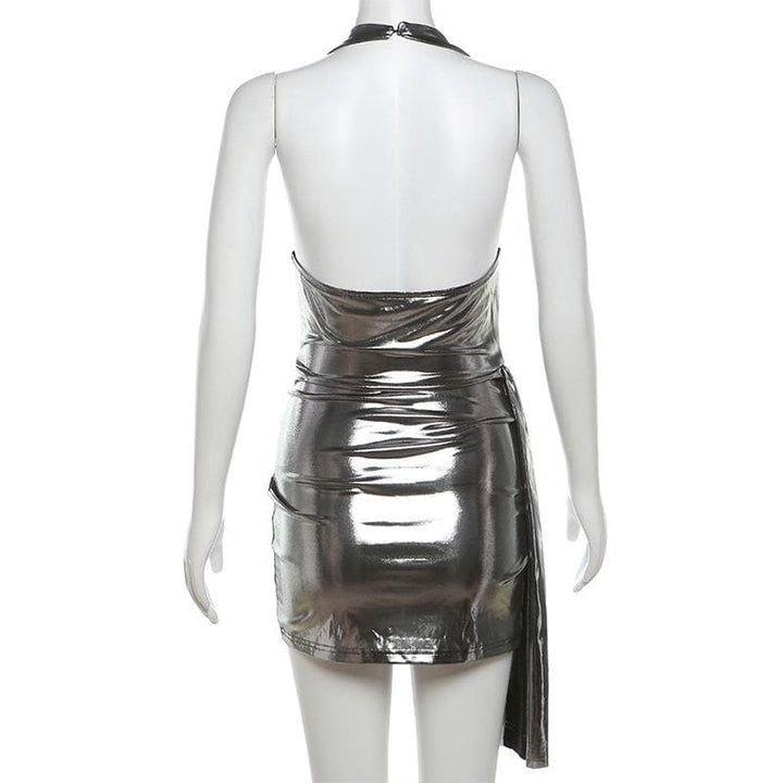 Halter ruched cowl neck metallic button mini dress  | Festival Outfits Women-final-sale