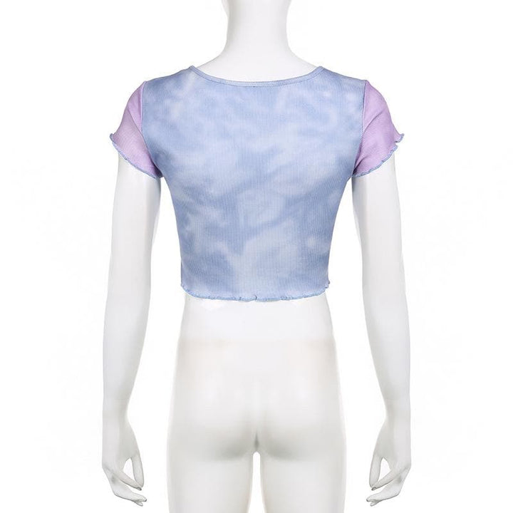 Ruffle star pattern contrast cap sleeve tie dye crop top