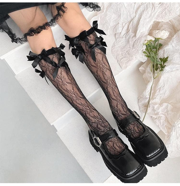 Sheer lace bowknot satin knee high socks