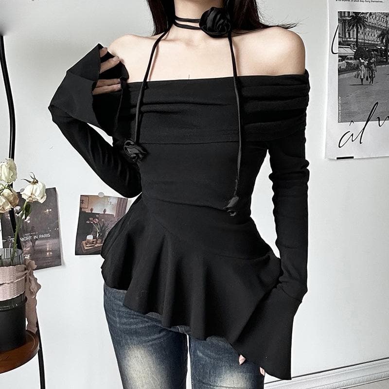Off shoulder ruffle flower applique long flared sleeve ruched top  | Festival Outfits Women
