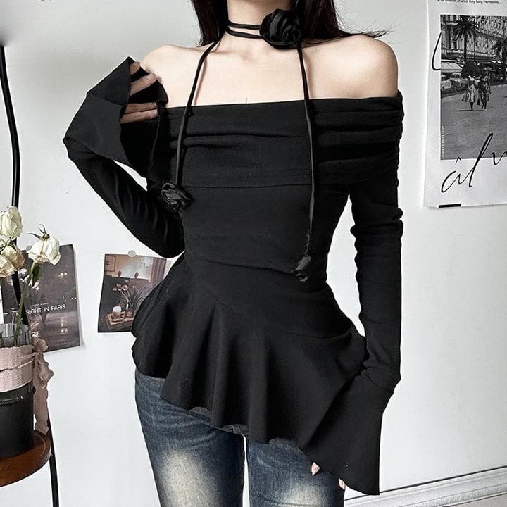Off shoulder ruffle flower applique long flared sleeve ruched top  | Festival Outfits Women