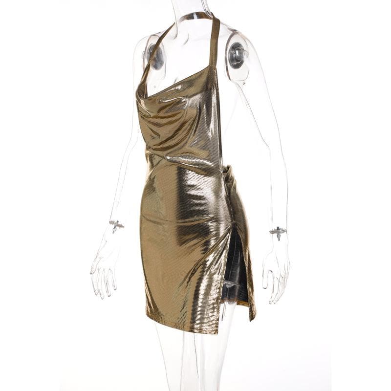 Halter cowl neck metallic high slit backless mini dress  | Festival Outfits Women