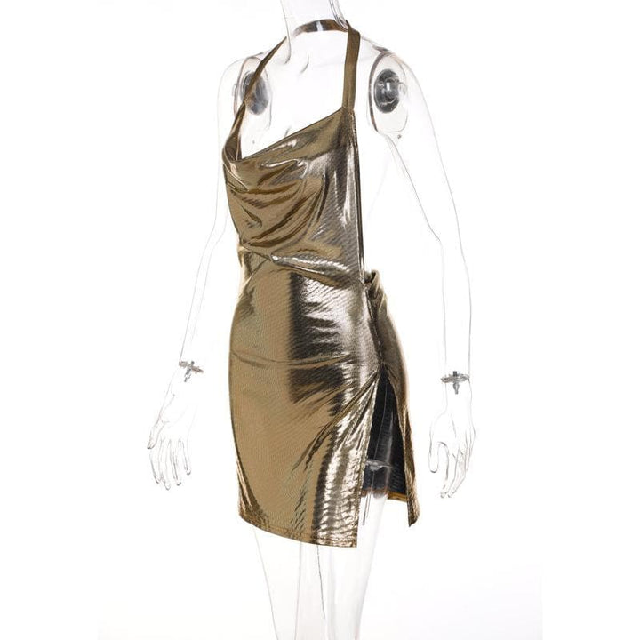 Halter cowl neck metallic high slit backless mini dress  | Festival Outfits Women