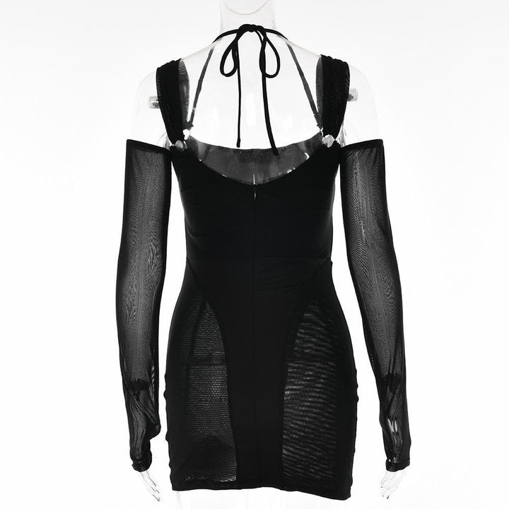 Gloves mesh corset off shoulder hollow out long sleeve halter cut out mini dress