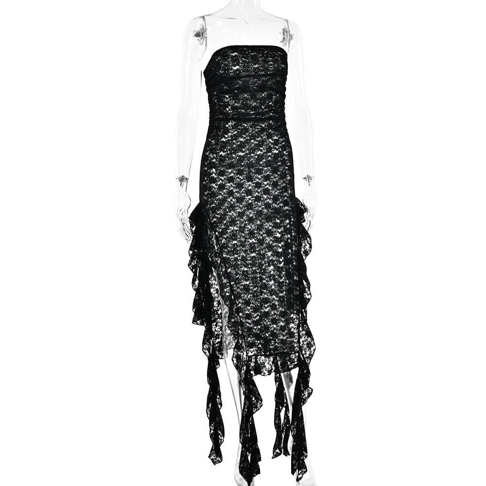 Lace ruffle solid high slit see through tube midi dress  | Festival Outfits Women