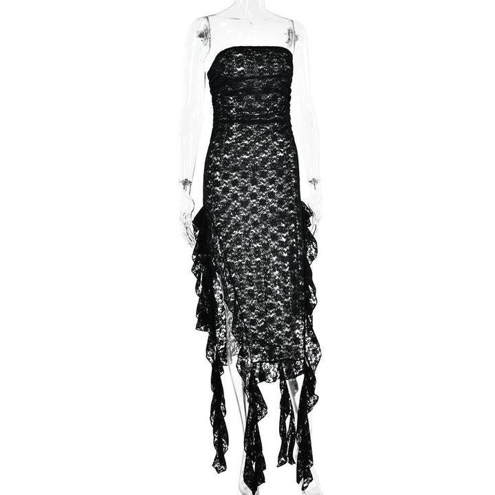 Lace ruffle solid high slit see through tube midi dress  | Festival Outfits Women