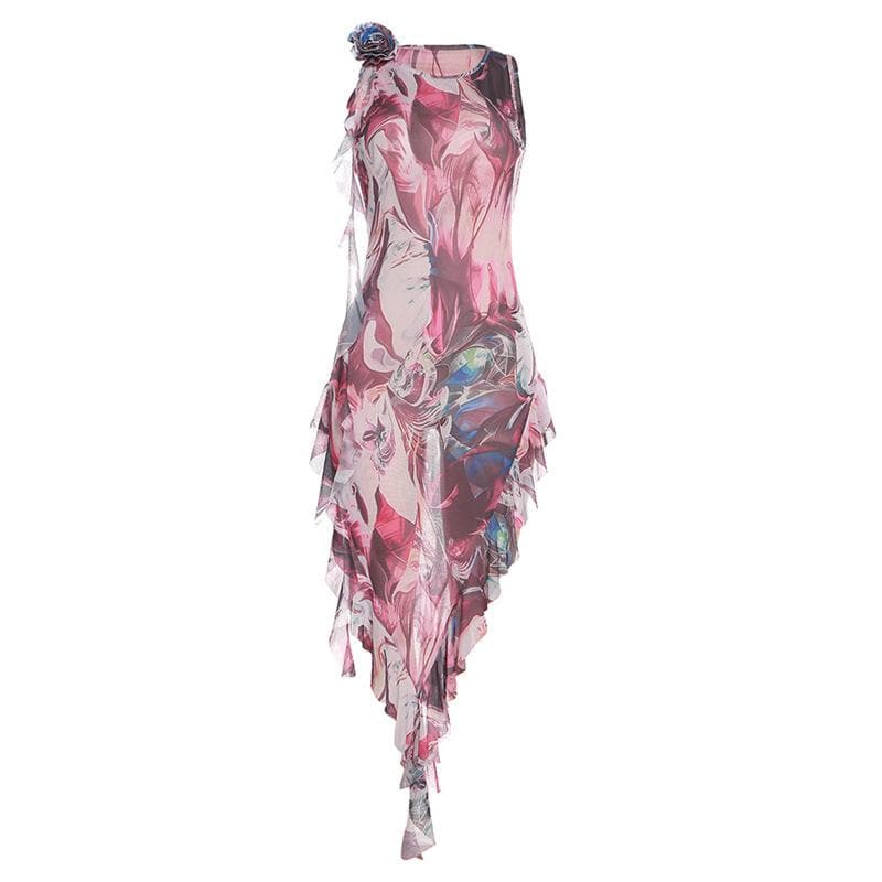 Sheer mesh see through abstract print contrast ruffle sleeveless maxi dress-final-sale