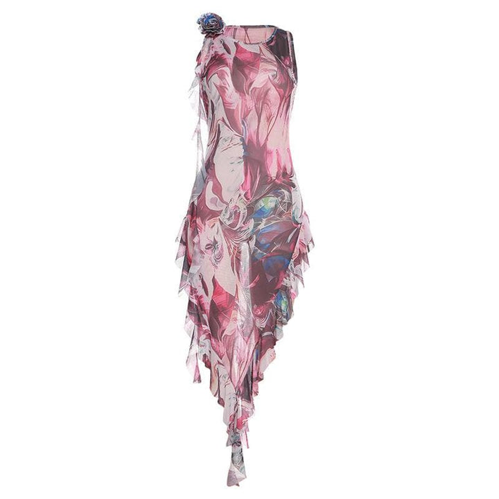 Sheer mesh see through abstract print contrast ruffle sleeveless maxi dress-final-sale