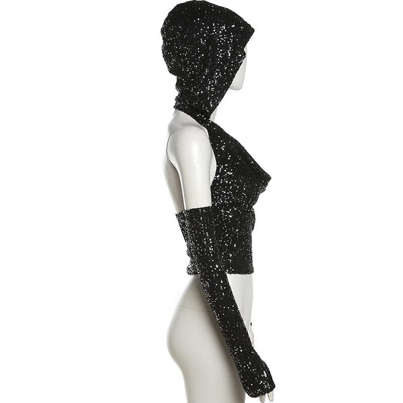 Glitter cowl neck hoodie gloves backless halter crop top  | Festival Outfits Women