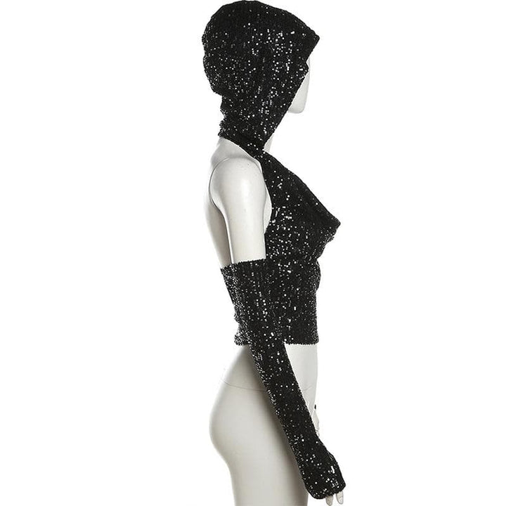 Glitter cowl neck hoodie gloves backless halter crop top  | Festival Outfits Women