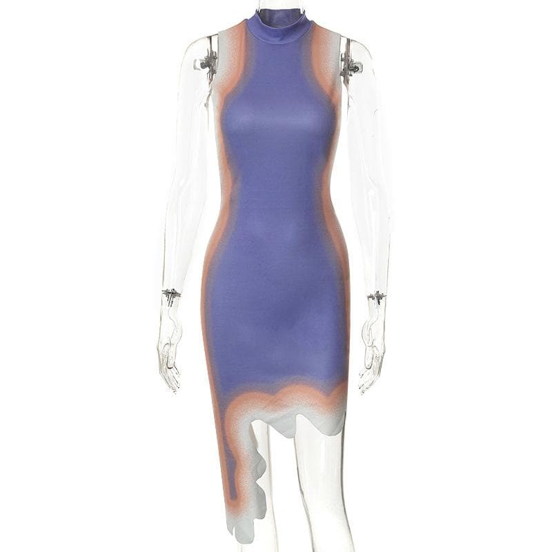 High neck sleeveless contrast irregular midi dress