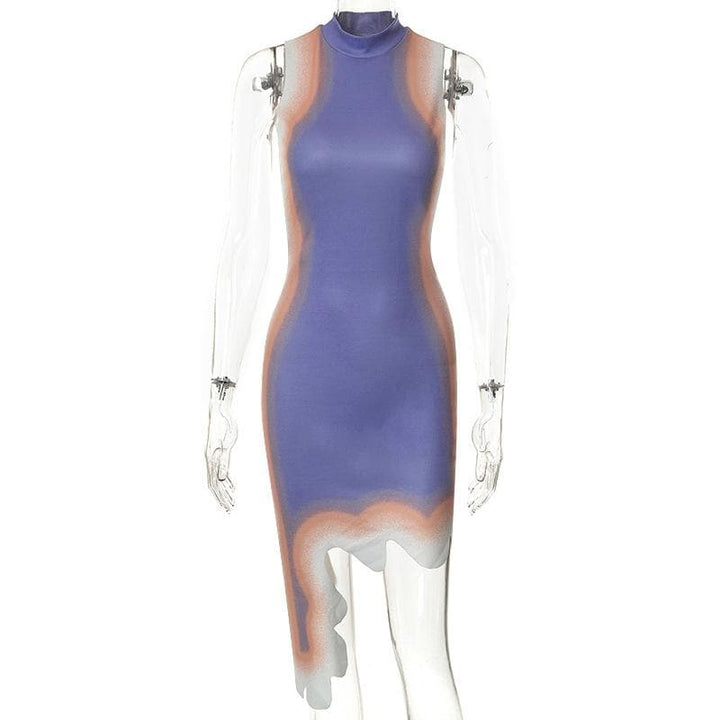 High neck sleeveless contrast irregular midi dress