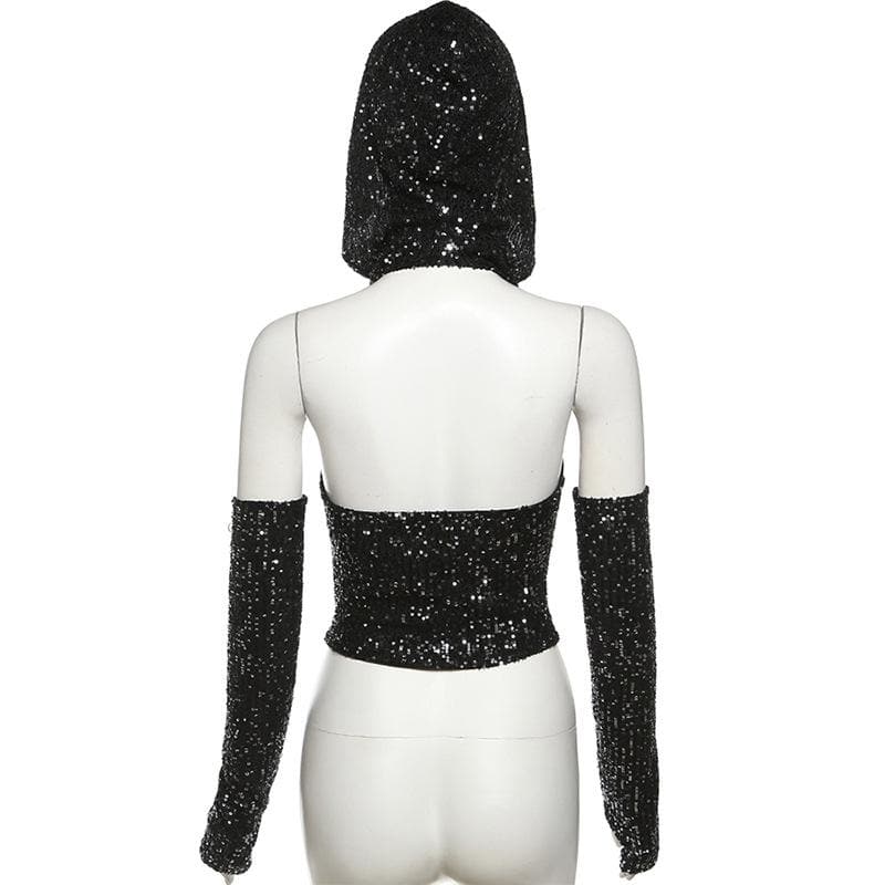 Glitter cowl neck hoodie gloves backless halter crop top  | Festival Outfits Women