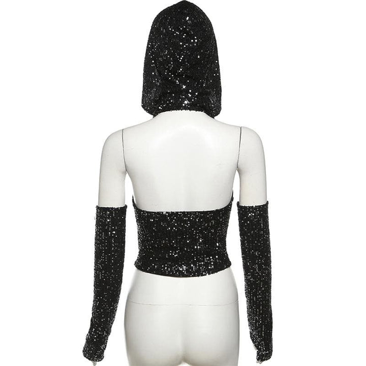Glitter cowl neck hoodie gloves backless halter crop top  | Festival Outfits Women
