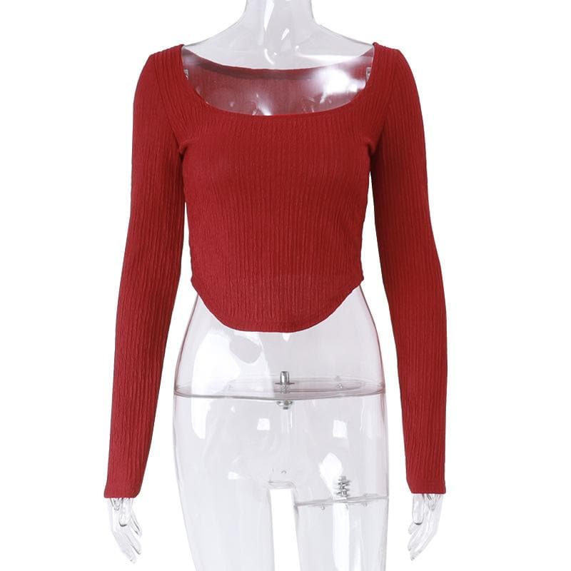 Long sleeve textured solid square neck crop top