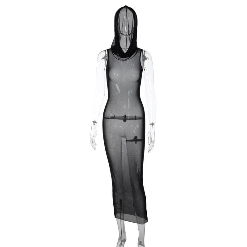 mesh hoodie dress Sheer mesh see through hoodie sleeveless maxi dress – Halibuy