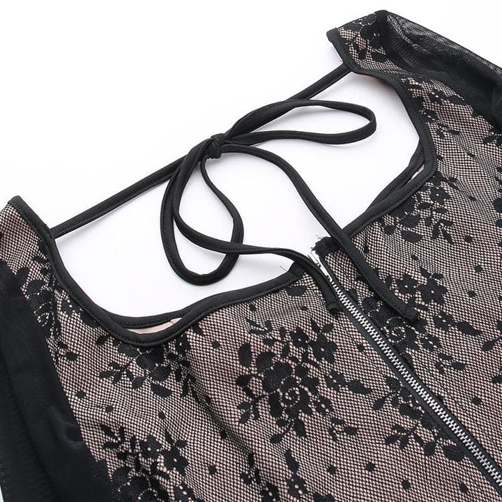 Lace contrast corset long sleeve zip-up self tie top  | Festival Outfits Women