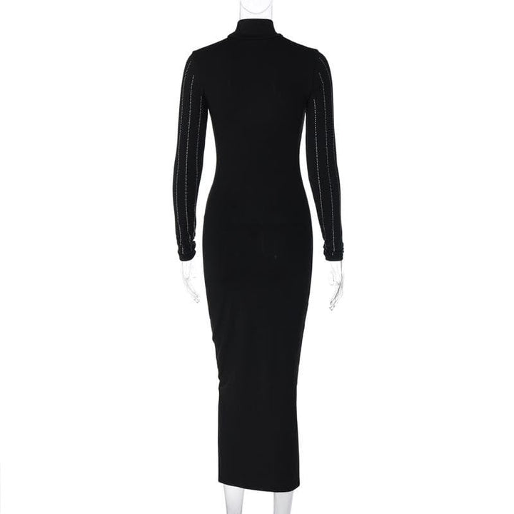Long sleeve high neck beaded solid midi dress  | Festival Outfits Women