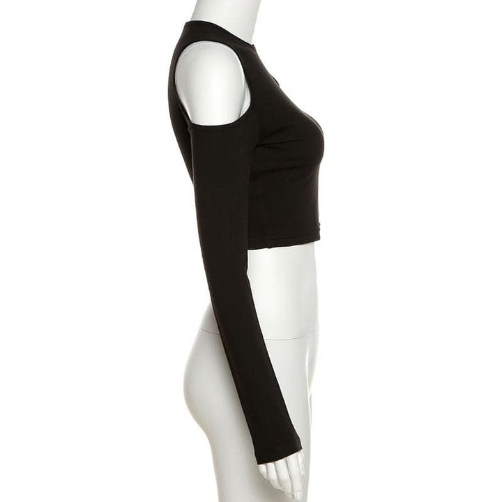 Long sleeve off shoulder metal chain crewneck solid crop top