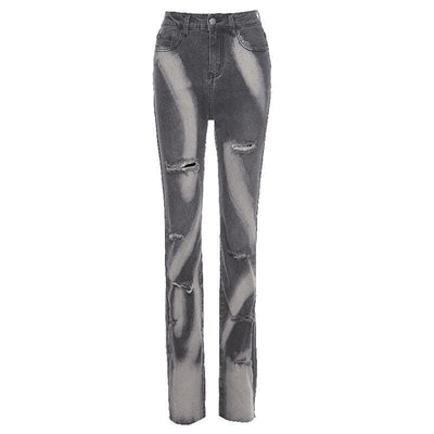 High waisted printed ripped jeans grey - Halibuy