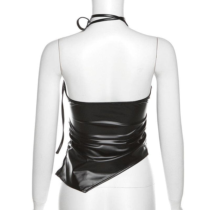 Self tie halter backless irregular PU leather square neck top