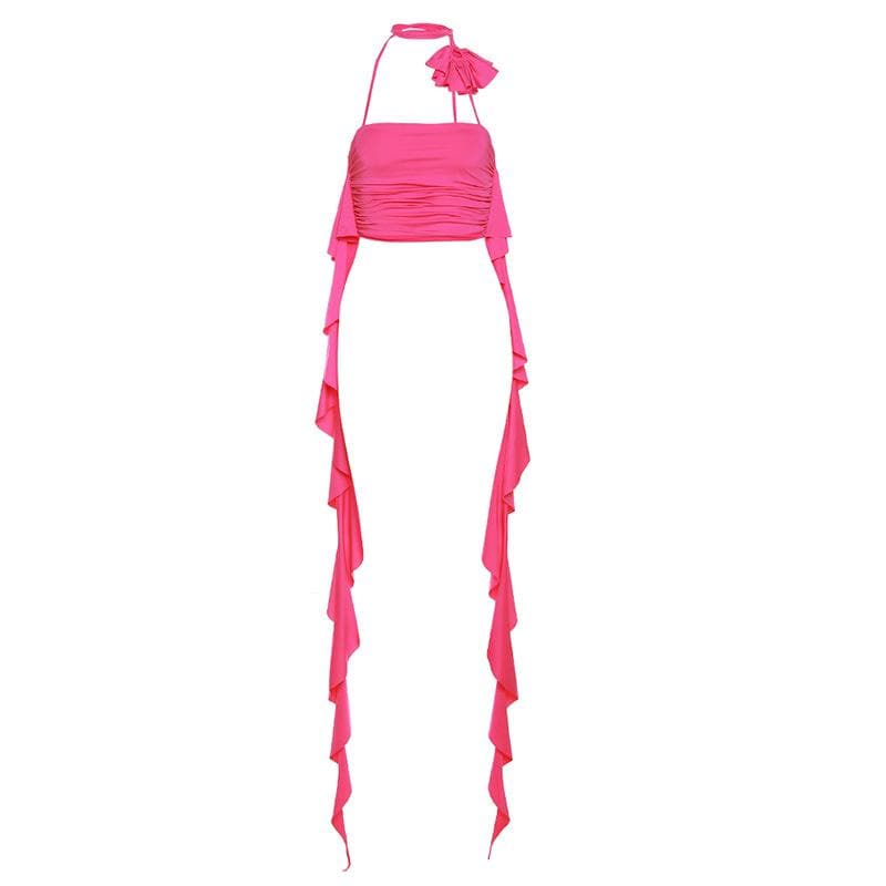 Solid halter flower applique ribbon ruched backless crop top